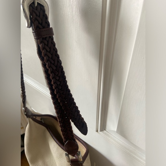 Brighton Bucket Bag Beige Pebble Brown Croc Leather Braid Strap Handbag Shoulder - Picture 2 of 10